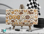 dog mom vanity plate on display stand — paw print puppy face aluminum plate