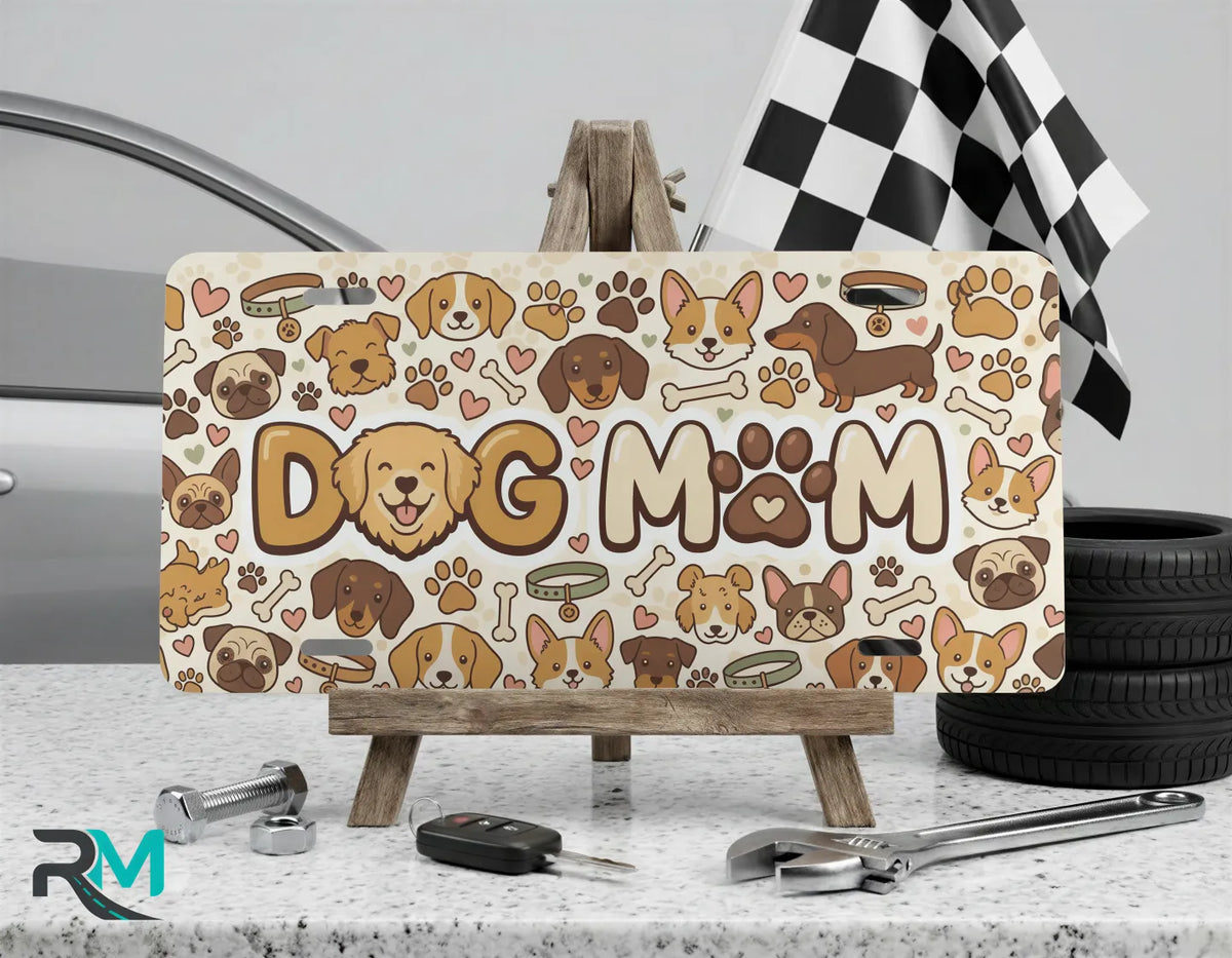 dog mom vanity plate on display stand — paw print puppy face aluminum plate