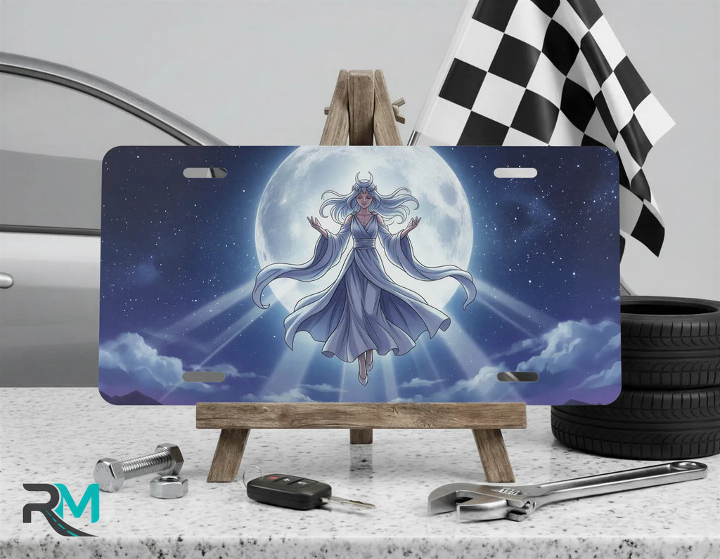 moonlit maiden vanity plate on display stand — soft indigo robed figure lunar light aluminum plate