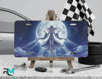 moonlit maiden vanity plate on display stand — soft indigo robed figure lunar light aluminum plate