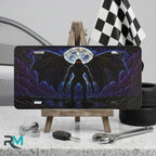 mothman vanity plate on display stand — deep purple winged mothman red eyes aluminum plate