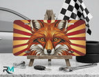 red fox face vanity plate on display stand — vivid red gold wildlife aluminum plate