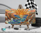 sunrise ocean cliffs vanity plate on display stand — warm sunrise orange gold coastal cliffs aluminum plate