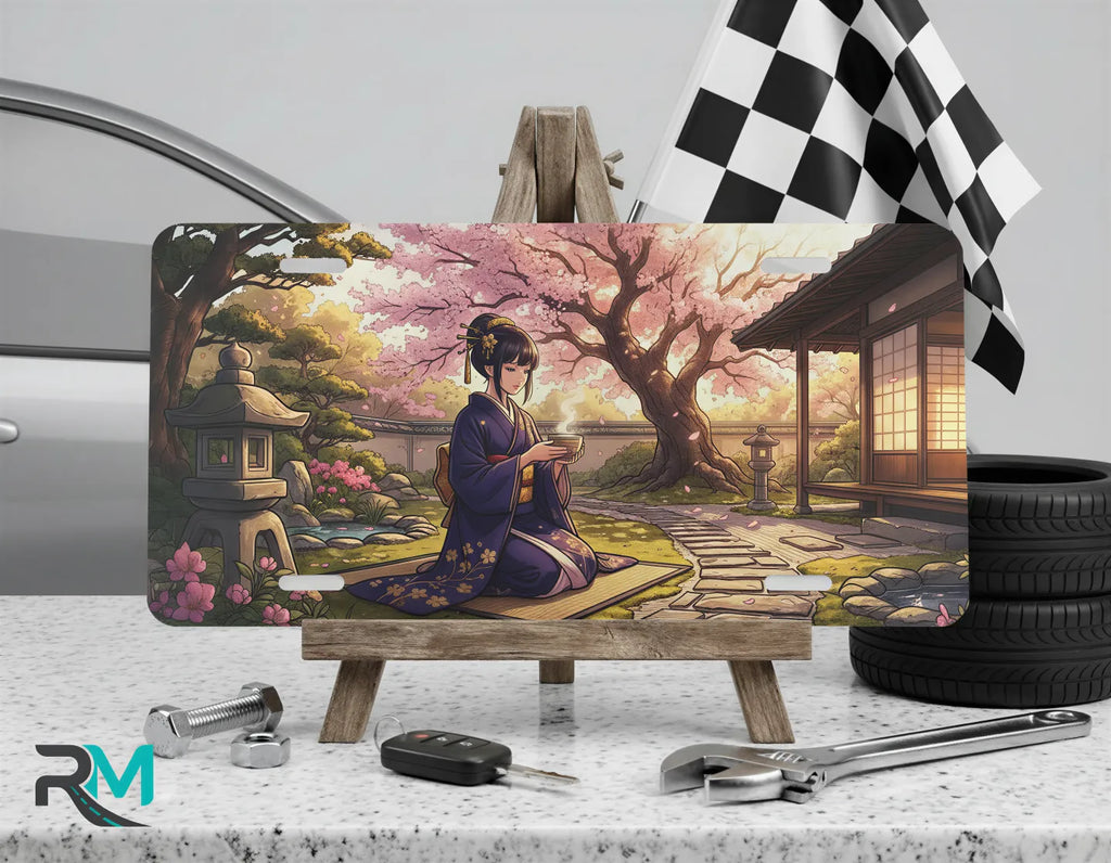 geisha tea ceremony vanity plate on display stand — soft pink sakura kimono lantern teahouse aluminum plate