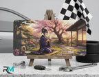 geisha tea ceremony vanity plate on display stand — soft pink sakura kimono lantern teahouse aluminum plate