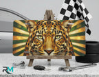 leopard face vanity plate on display stand — golden ochre green amber cat aluminum plate