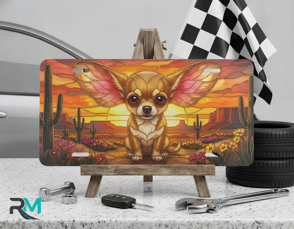 chihuahua desert vanity plate on display stand — golden chihuahua desert sunset aluminum plate