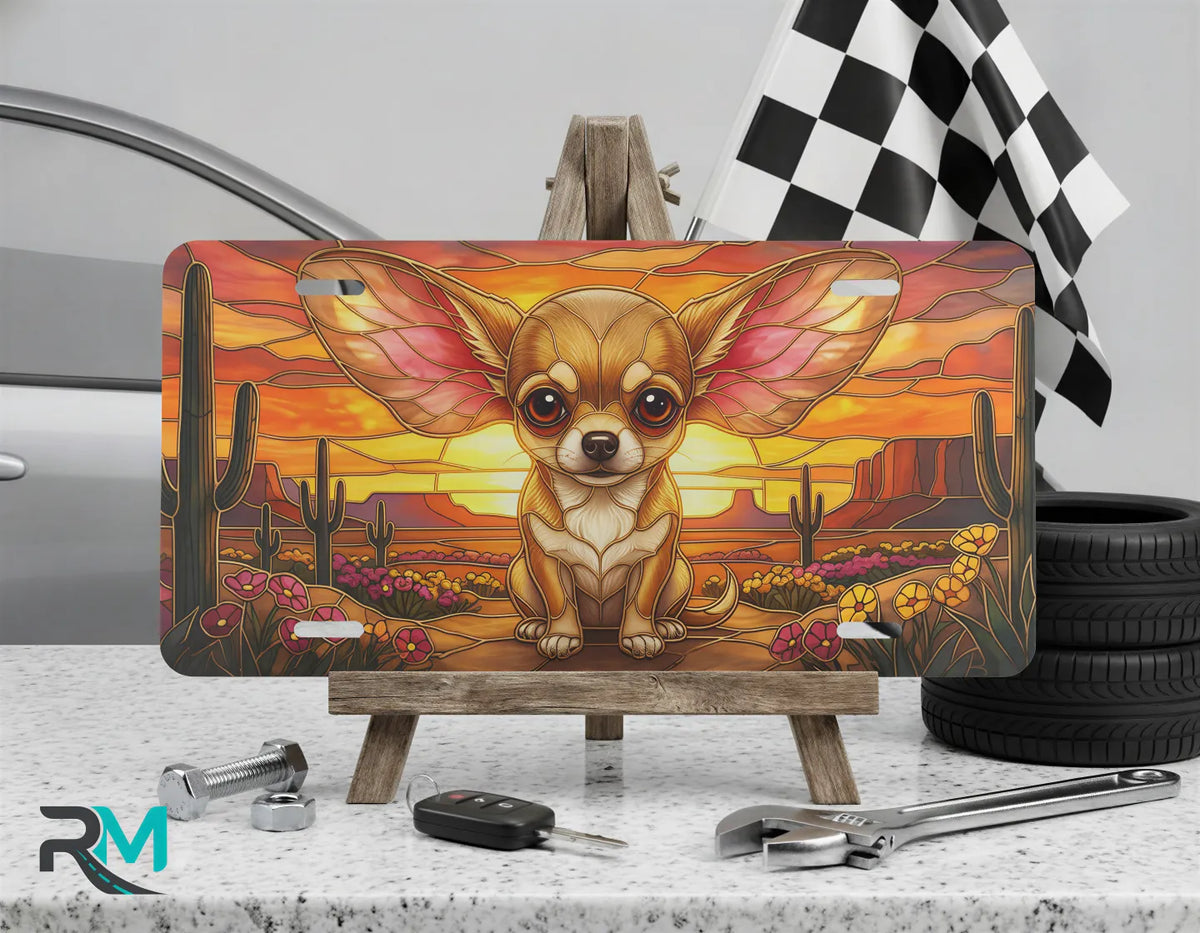 chihuahua desert vanity plate on display stand — golden chihuahua desert sunset aluminum plate