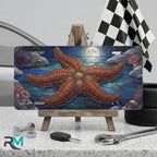 starfish moonlight vanity plate on display stand — deep ocean blue silver starfish aluminum plate