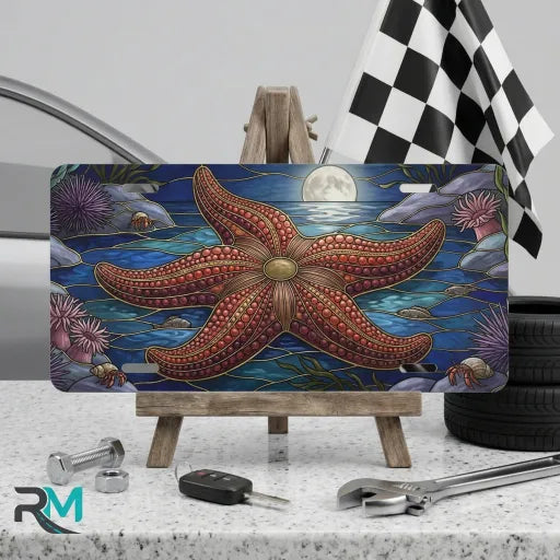 starfish moonlight vanity plate on display stand — deep ocean blue silver starfish aluminum plate