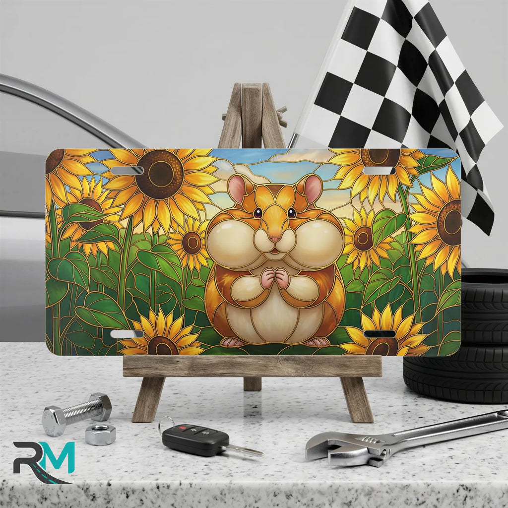 hamster sunflowers vanity plate on display stand — warm golden hamster sunflower aluminum plate