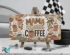 mama needs coffee neutral vanity plate on display stand — soft taupe cream aluminum plate