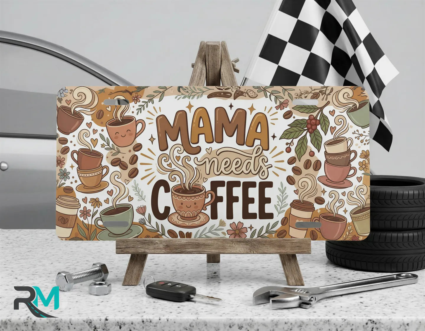 mama needs coffee neutral vanity plate on display stand — soft taupe cream aluminum plate