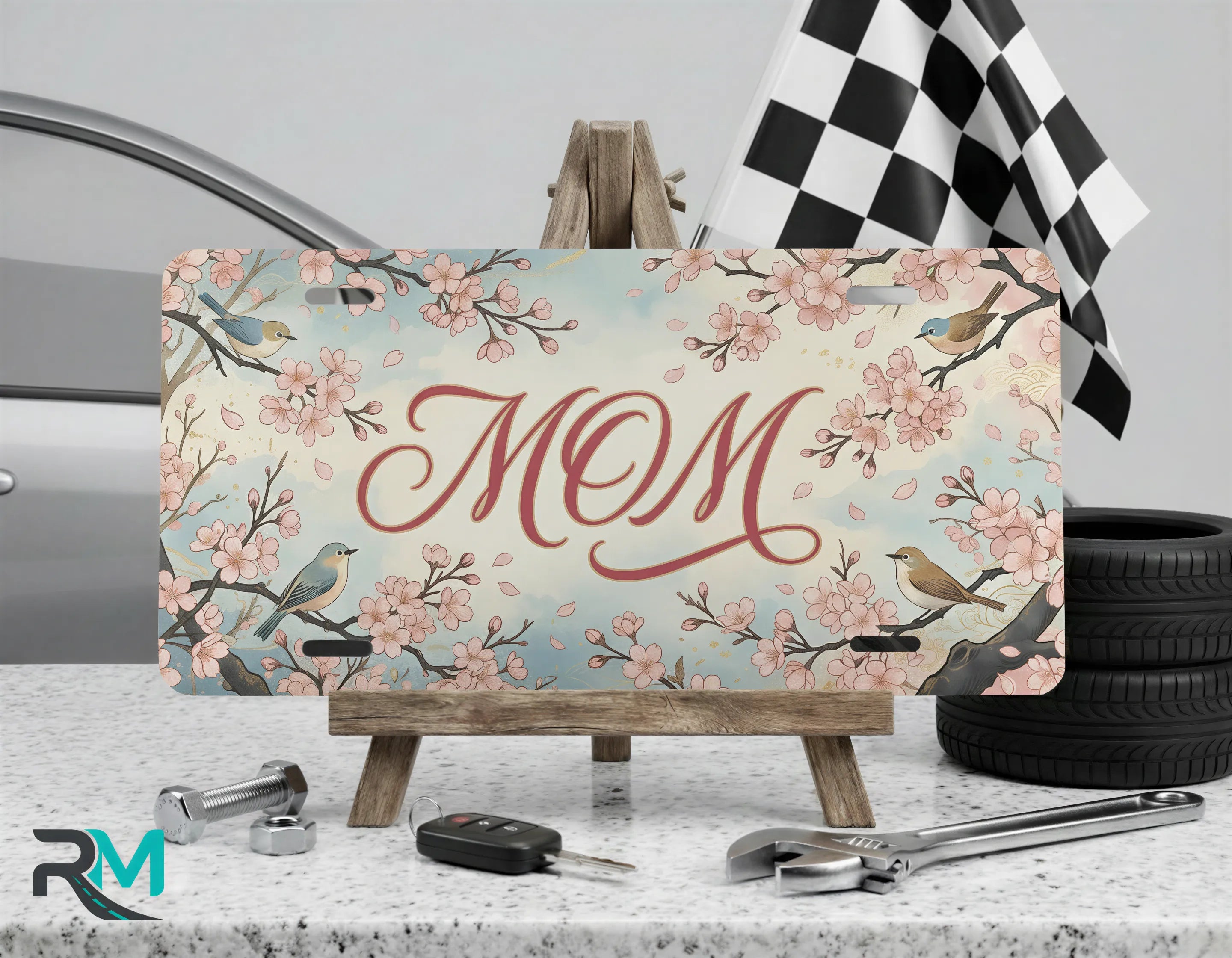 Mom Cherry Blossom Birds Vanity Plate