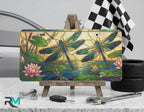 dragonfly vanity plate on display stand — jewel teal violet water lily aluminum plate