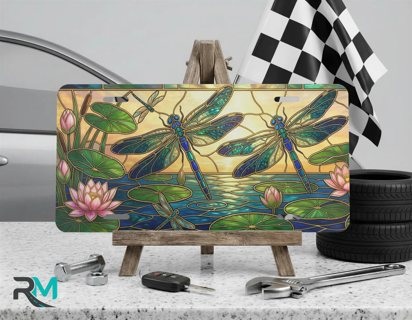 dragonfly vanity plate on display stand — jewel teal violet water lily aluminum plate