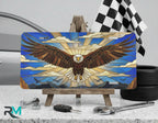 stained glass eagle vanity plate on display stand — cobalt gold soaring eagle aluminum plate