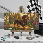dachshund garden vanity plate on display stand — jewel tone dachshund rose foxglove aluminum plate