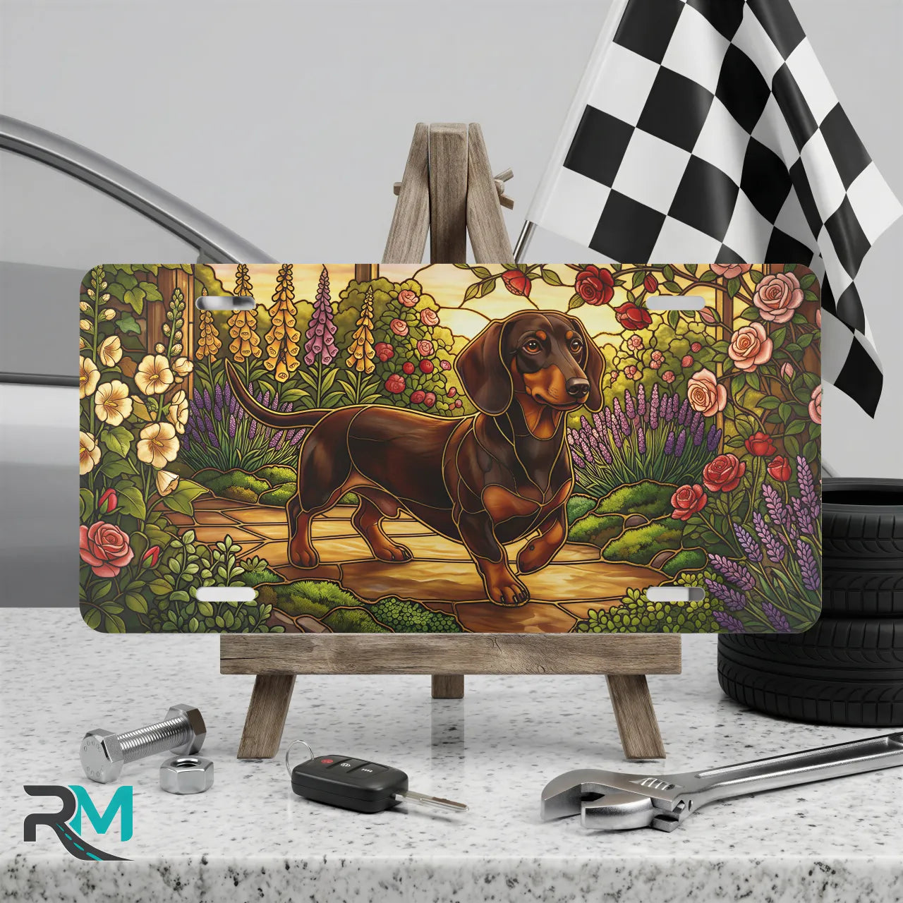 dachshund garden vanity plate on display stand — jewel tone dachshund rose foxglove aluminum plate
