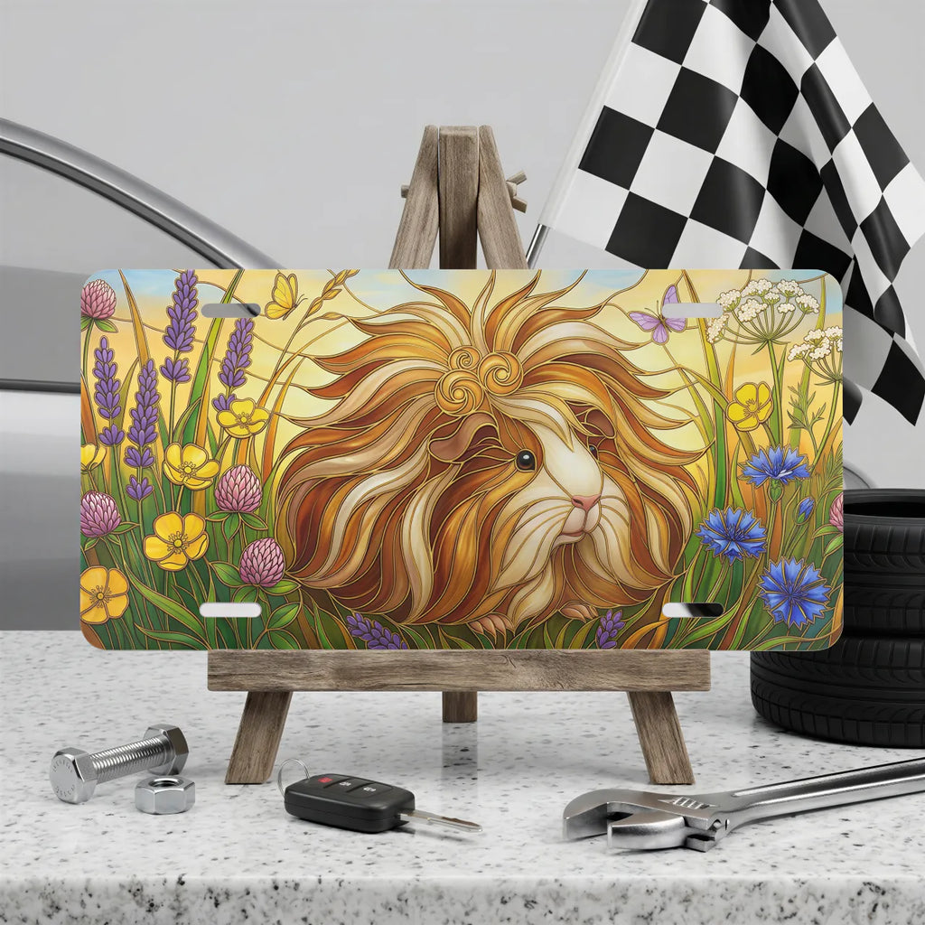 guinea pig meadow vanity plate on display stand — fluffy guinea pig wildflower aluminum plate