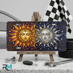 sun moon vanity plate on display stand — golden sun silver moon indigo aluminum plate