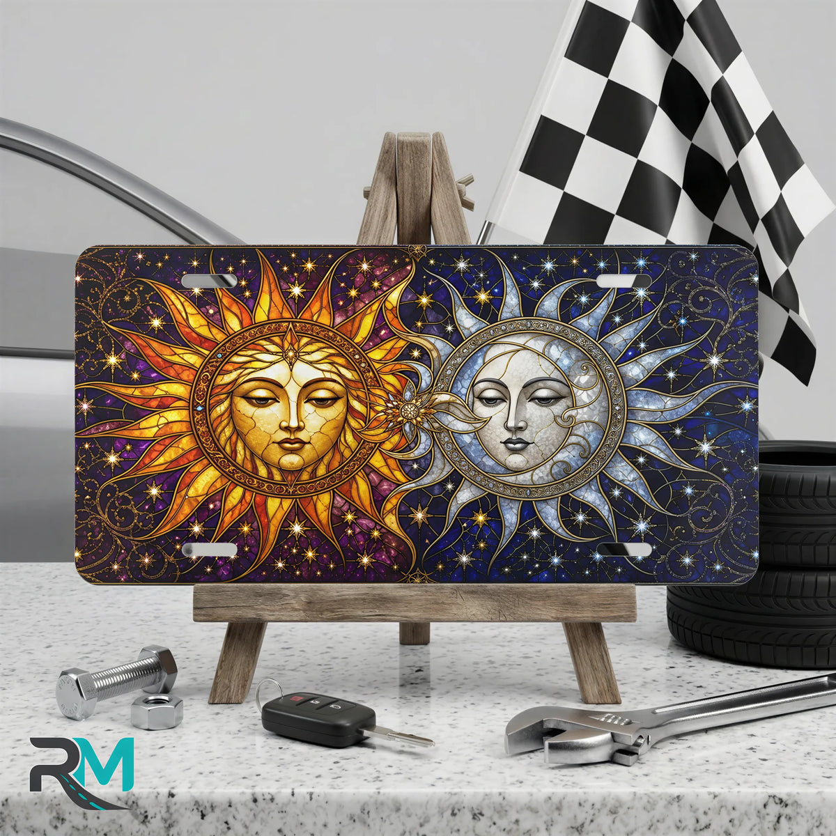 sun moon vanity plate on display stand — golden sun silver moon indigo aluminum plate
