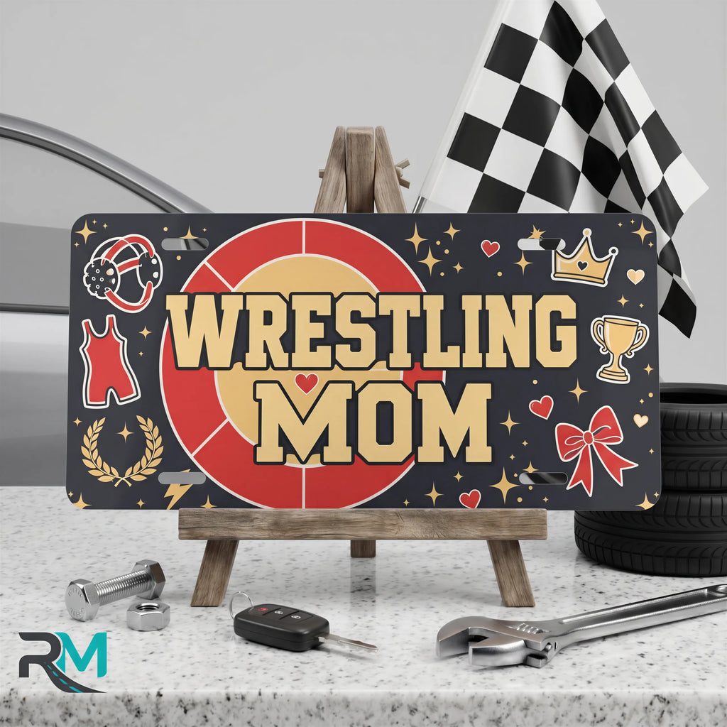 wrestling mom vanity plate on display stand — red gold headgear trophy aluminum plate