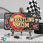 wrestling mom vanity plate on display stand — red gold headgear trophy aluminum plate