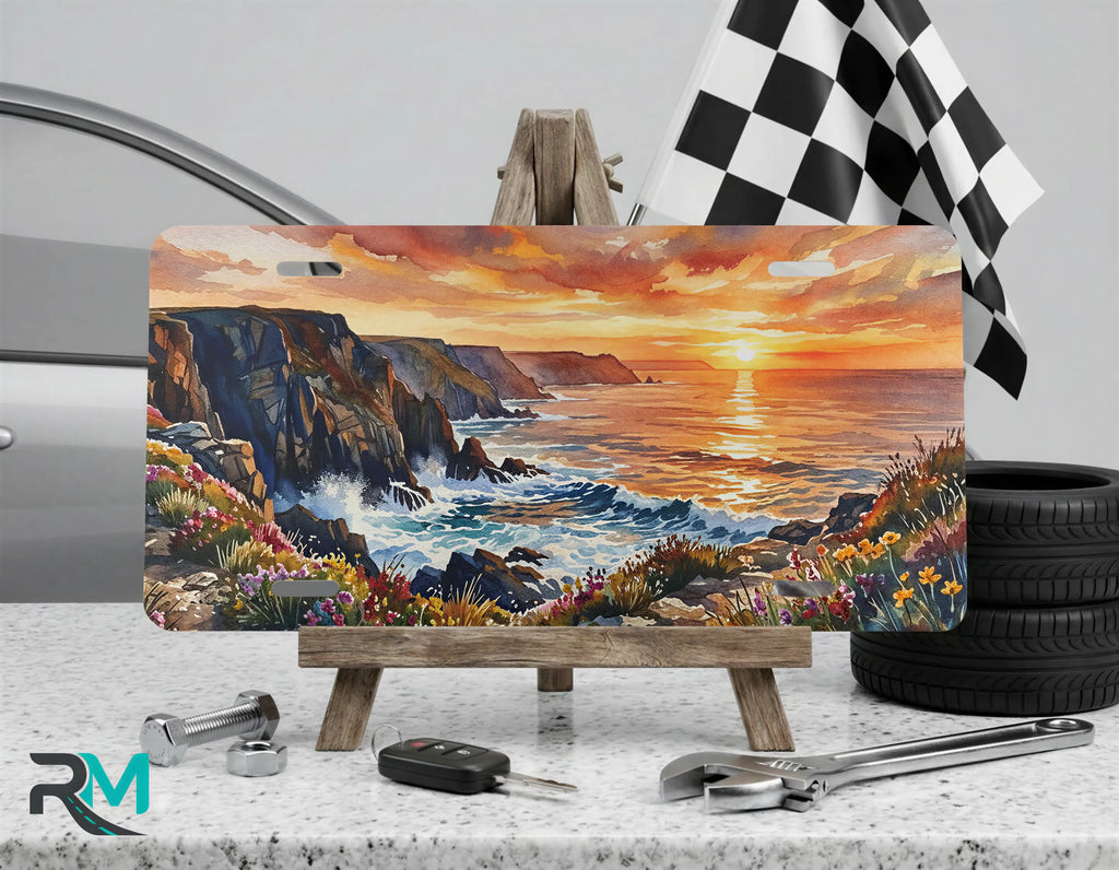 coastal sunset vanity plate on display stand — seaside cliff art aluminum plate
