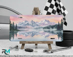 mountain lake vanity plate on display stand — blush pink evergreen reflection license plate
