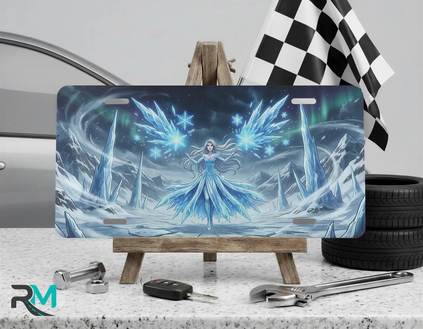 ice sorceress vanity plate on display stand — luminous ice blue crystalline frost fairy aluminum plate