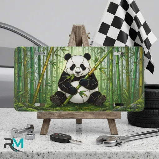 panda bamboo vanity plate on display stand — soft green panda bamboo grove aluminum plate