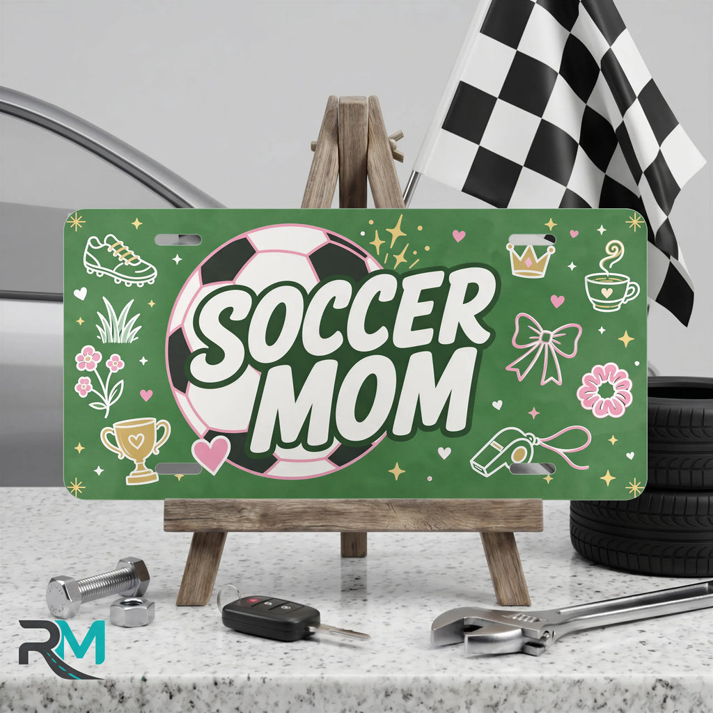 soccer mom vanity plate on display stand — pink soccer ball green aluminum plate