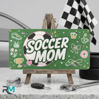 soccer mom vanity plate on display stand — pink soccer ball green aluminum plate