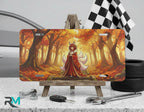 autumn fox spirit vanity plate on display stand — warm red gold kitsune autumn forest aluminum plate