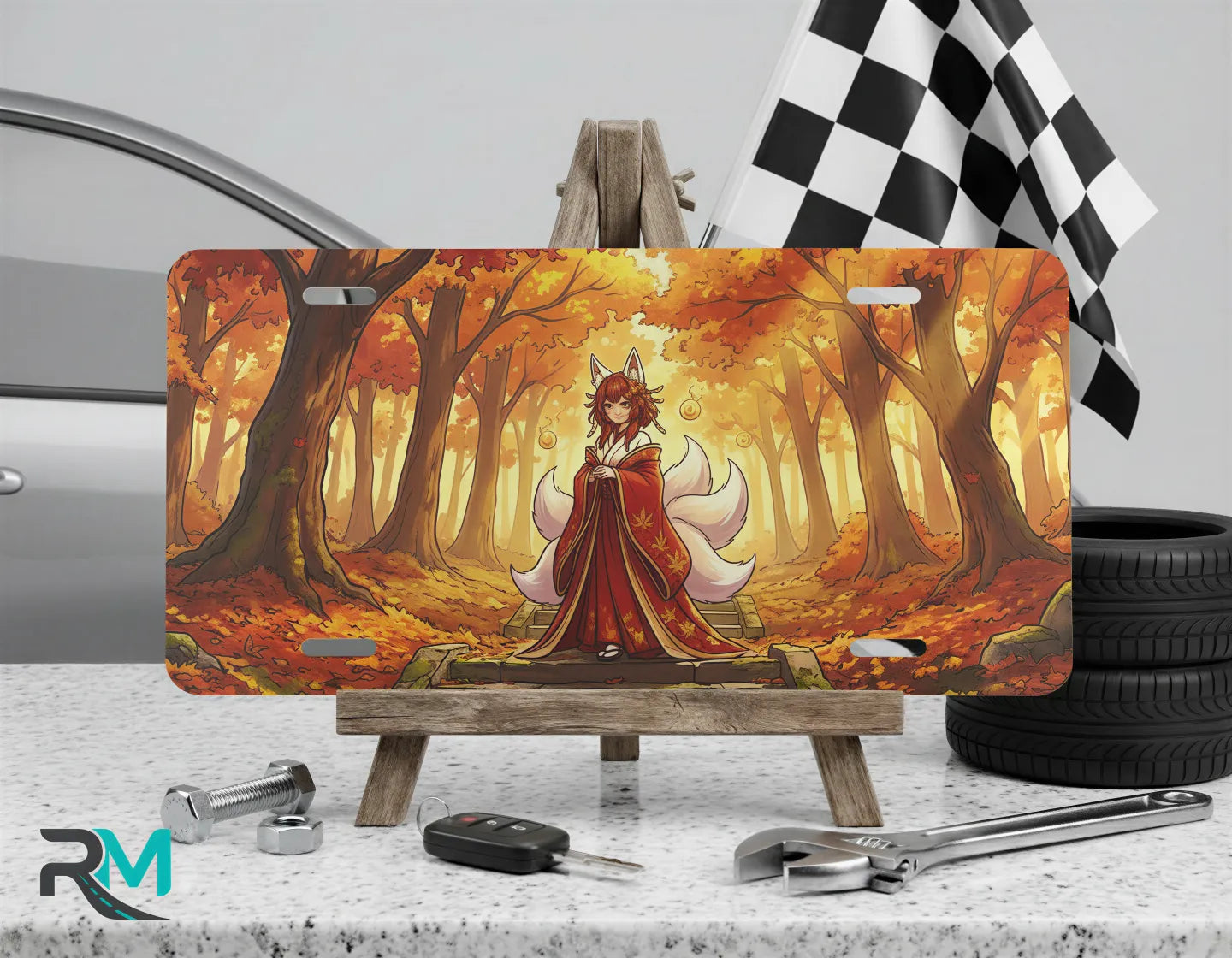 autumn fox spirit vanity plate on display stand — warm red gold kitsune autumn forest aluminum plate