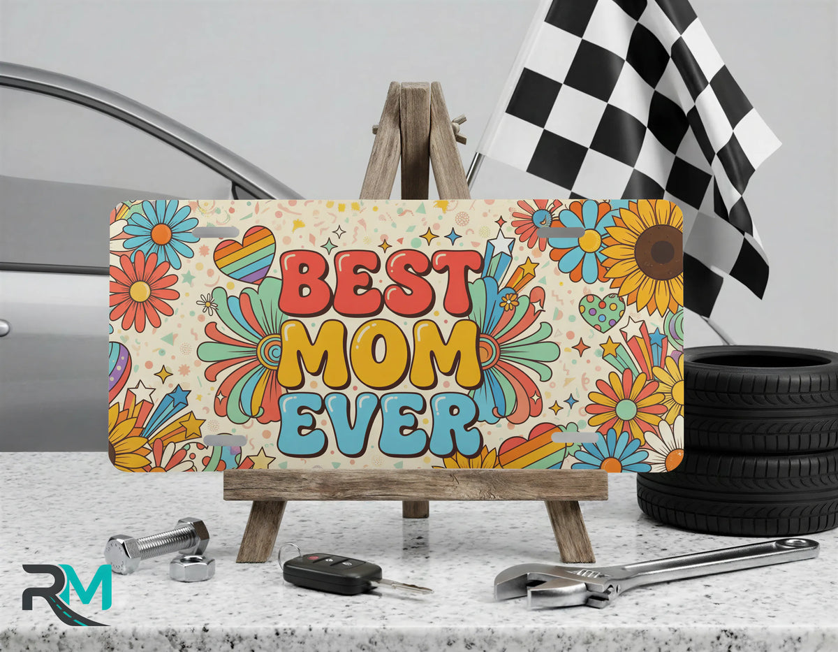Best Mom Ever Floral Retro Rainbow Vanity Plate