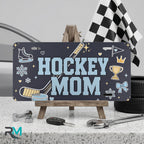 hockey mom vanity plate on display stand — deep navy hockey stick skate aluminum plate