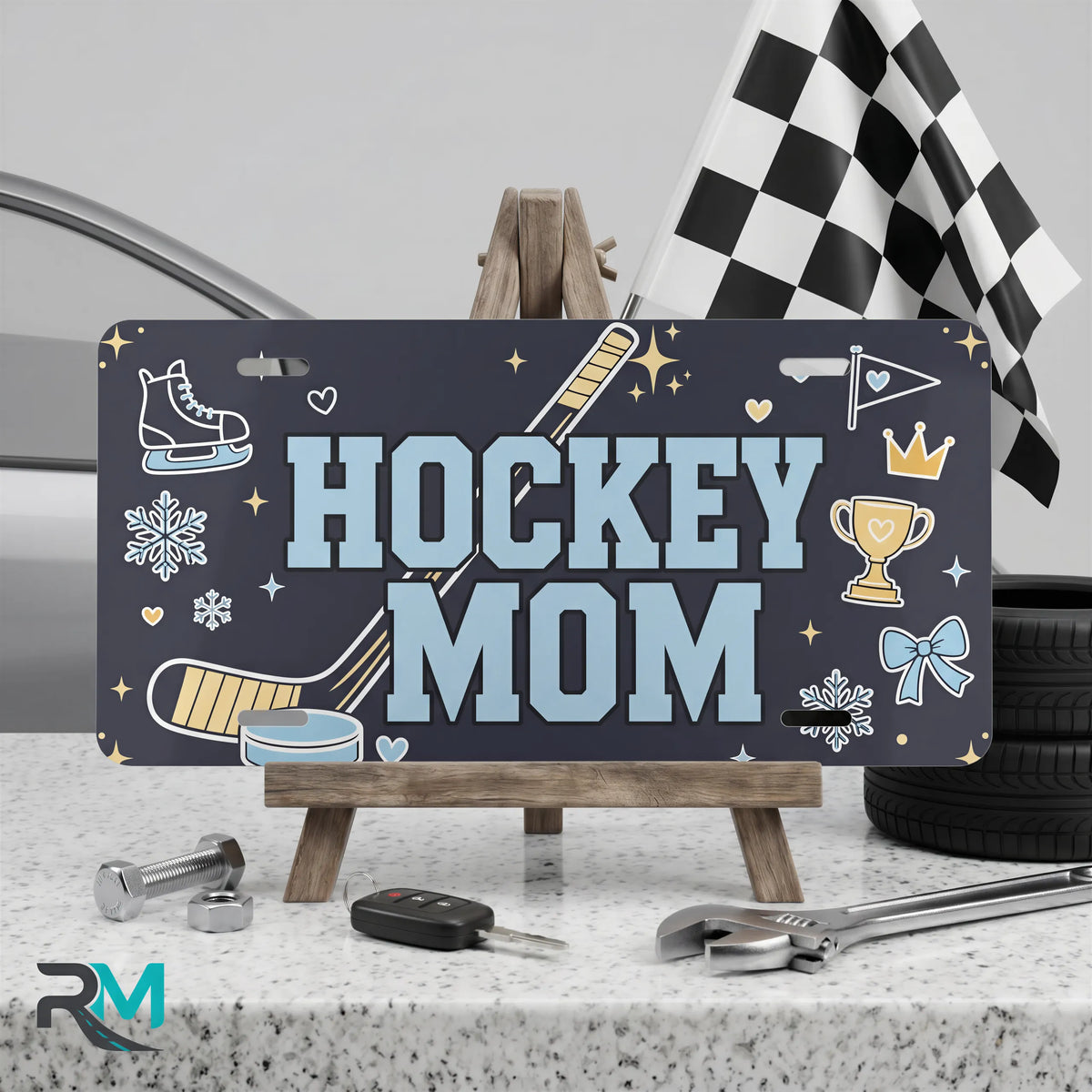 hockey mom vanity plate on display stand — deep navy hockey stick skate aluminum plate