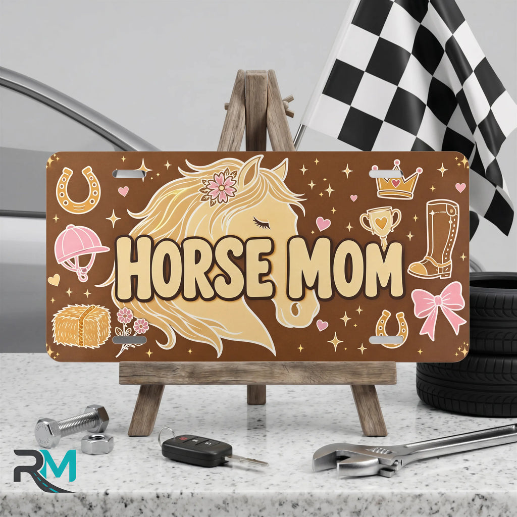 horse mom vanity plate on display stand — warm brown cream blush mare aluminum plate
