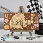 horse mom vanity plate on display stand — warm brown cream blush mare aluminum plate