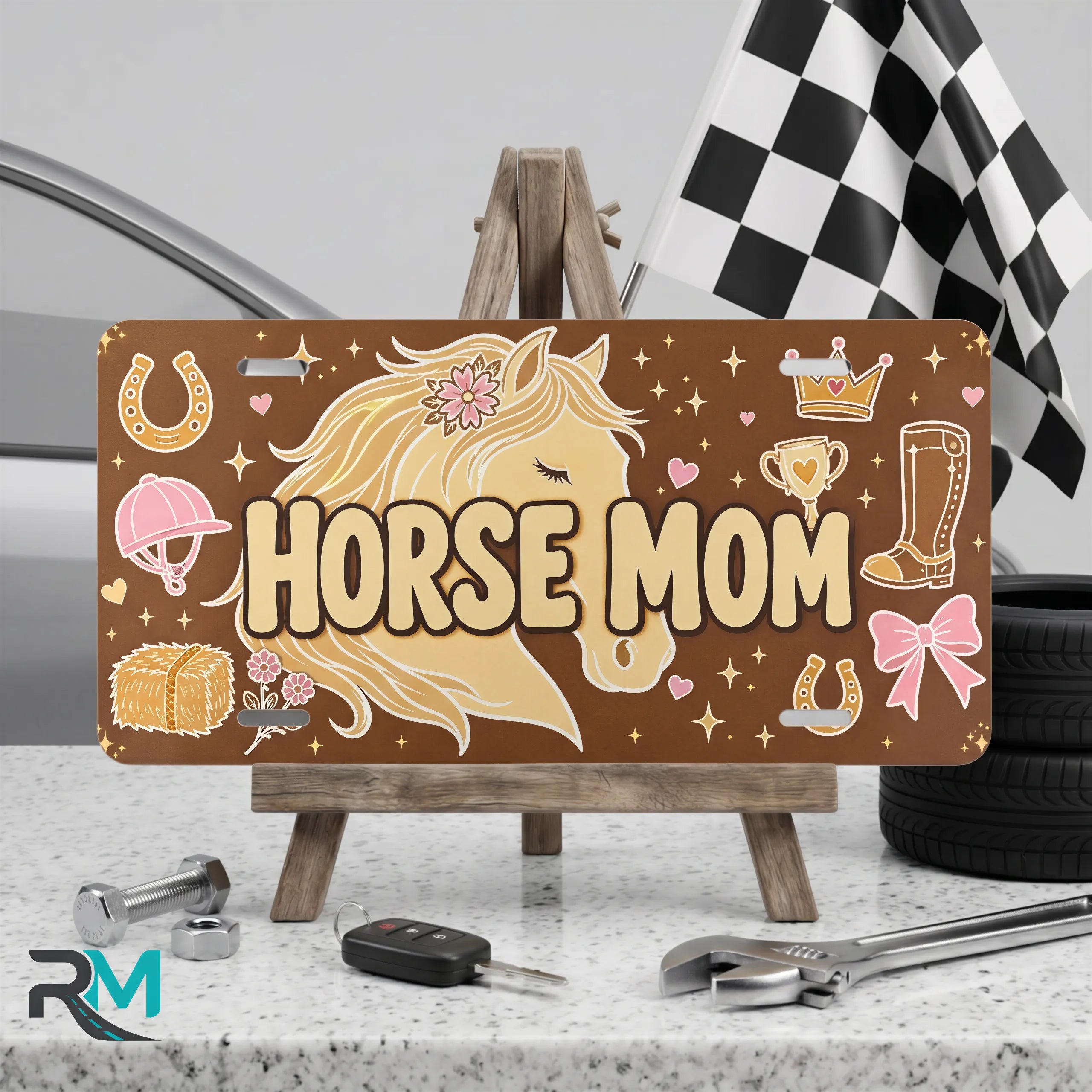horse mom vanity plate on display stand — warm brown cream blush mare aluminum plate