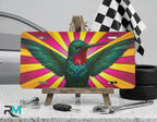 colorful hummingbird vanity plate on display stand — emerald sapphire gold bird aluminum plate