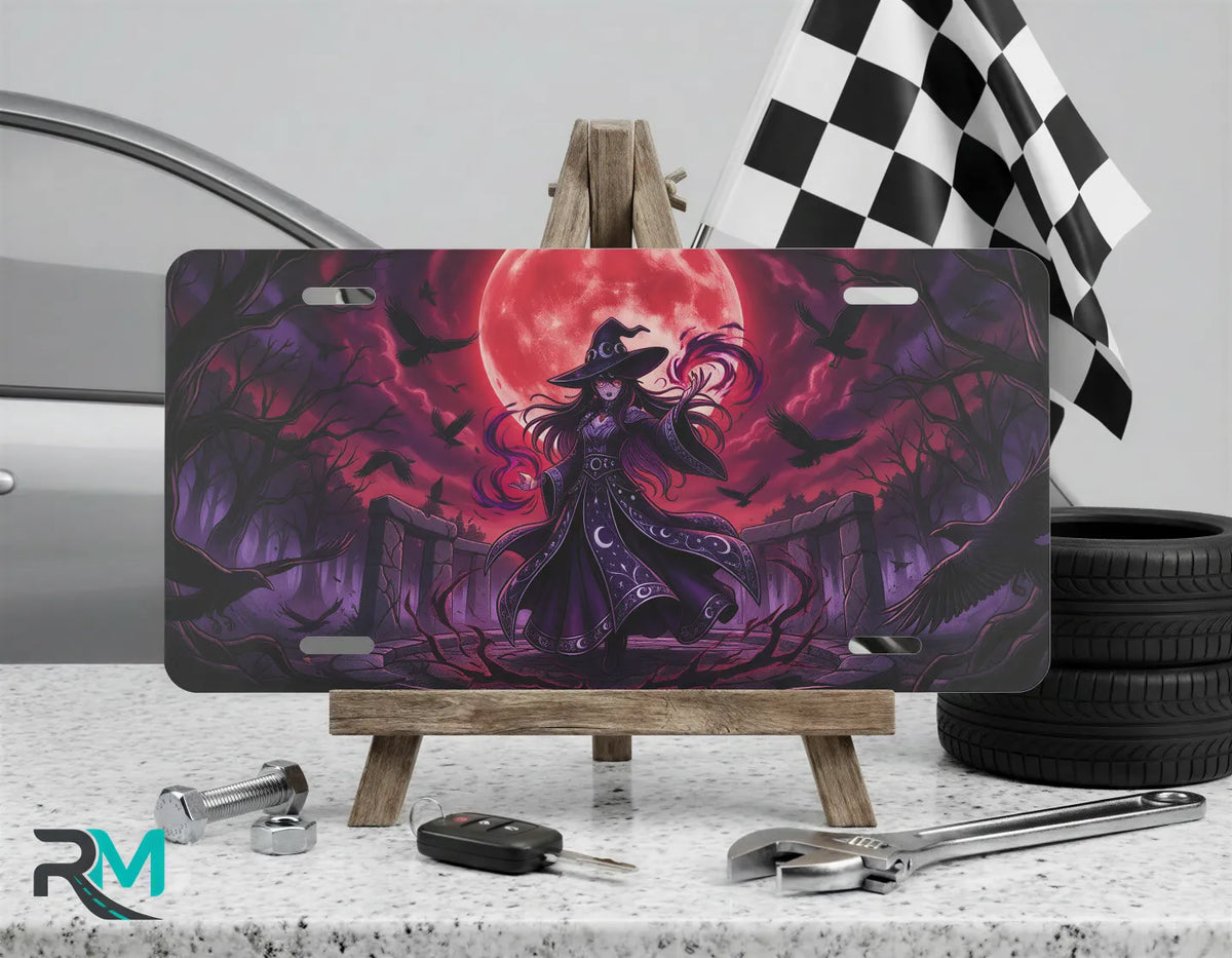 witch silhouette vanity plate on display stand — jewel purple witch blood-red moon aluminum plate