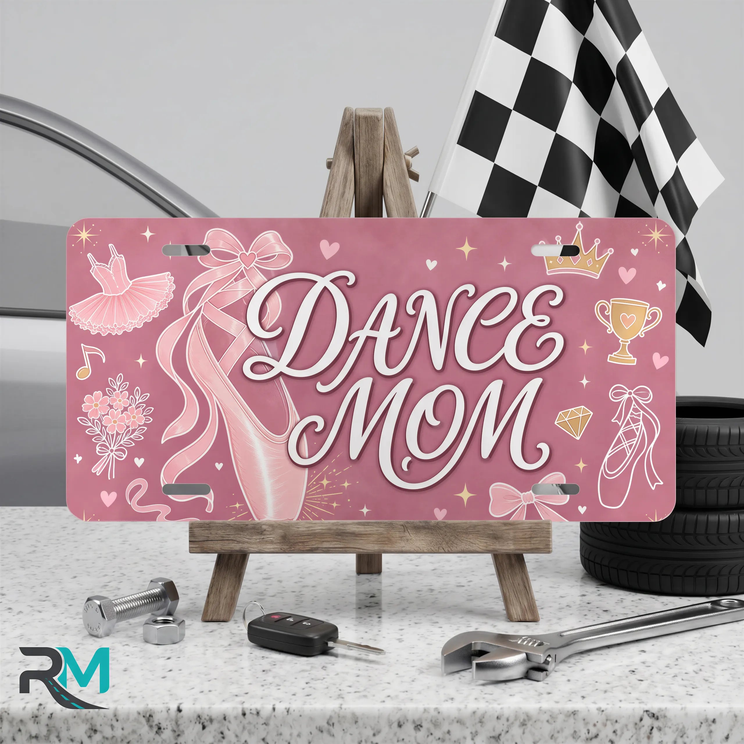 dance mom vanity plate on display stand — soft rose pink ballet slipper aluminum plate