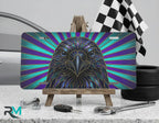 raven head radiant rays vanity plate on display stand — jewel-tone stained glass bird plate