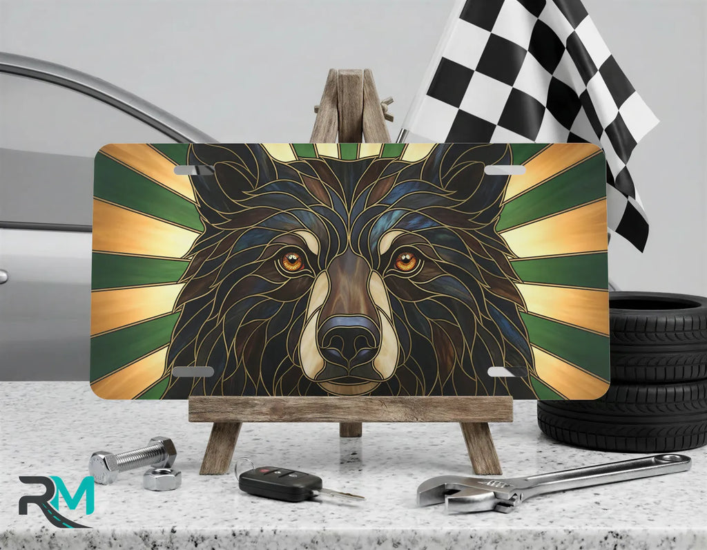 woodland bear vanity plate on display stand — deep brown gold forest bear aluminum plate