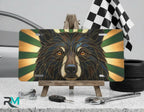 woodland bear vanity plate on display stand — deep brown gold forest bear aluminum plate