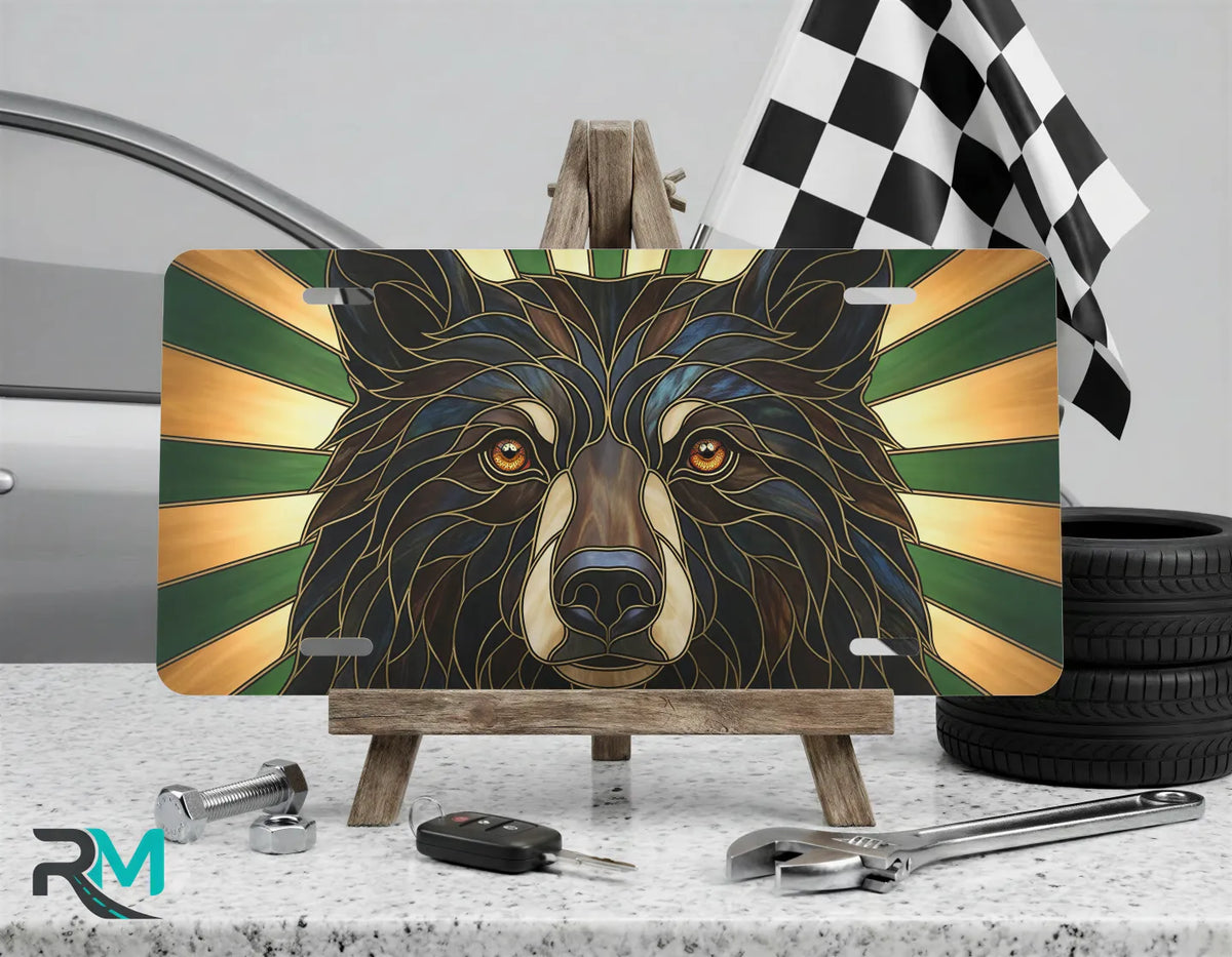 woodland bear vanity plate on display stand — deep brown gold forest bear aluminum plate