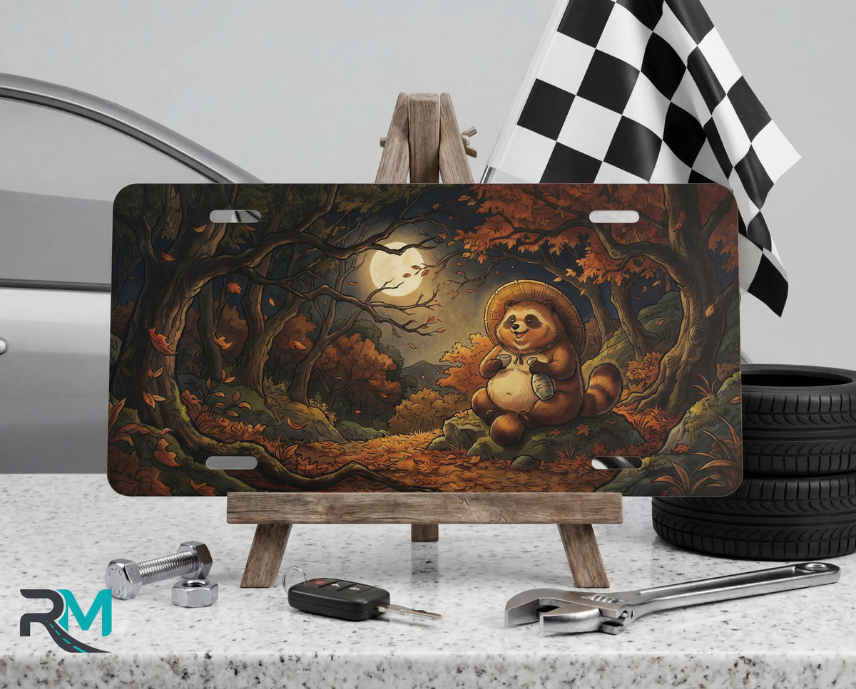 woodland tanuki moonlit forest vanity plate on tire — smiling tanuki japanese folk autumn front license plate